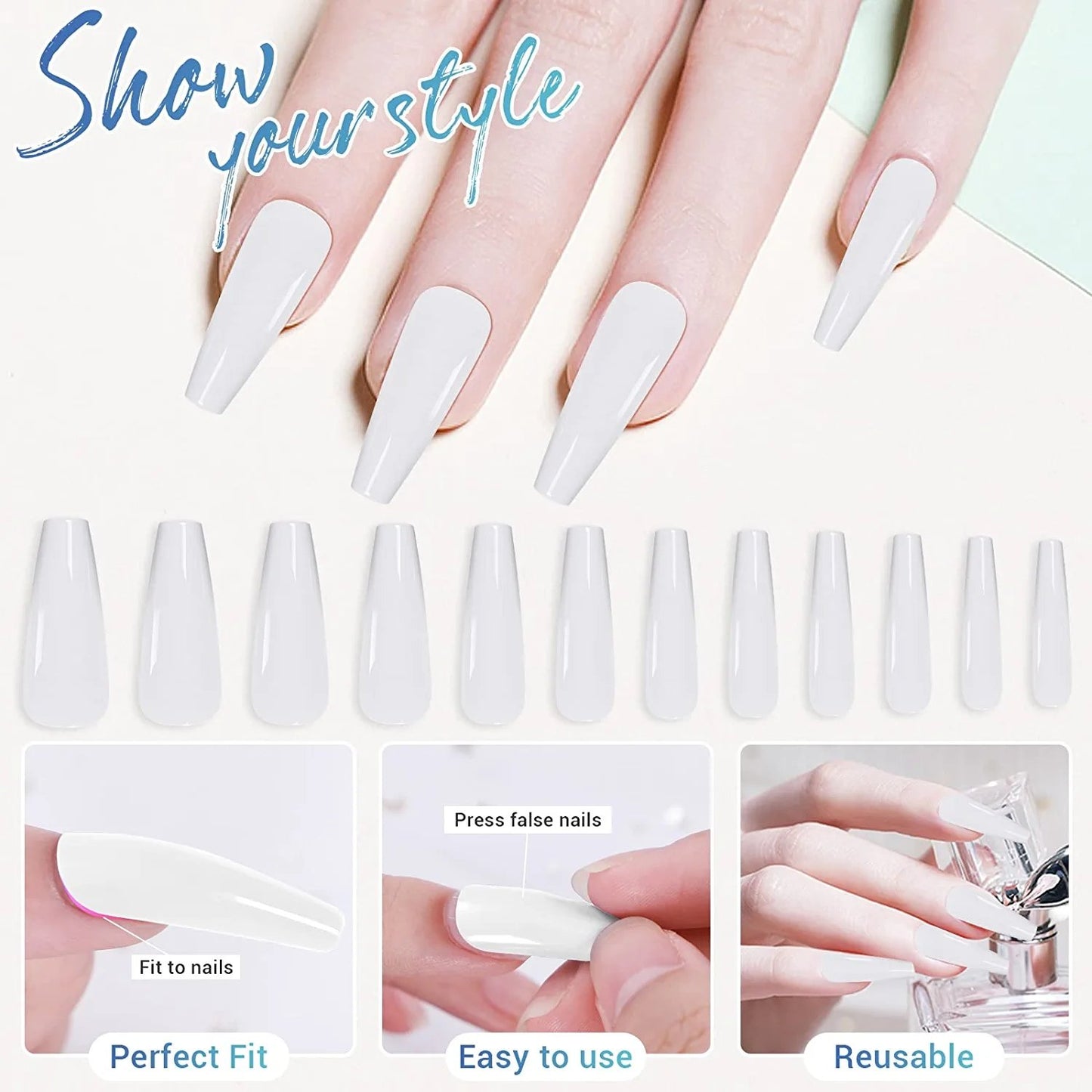24pcs White Coffin Press on Nails - Cooserry