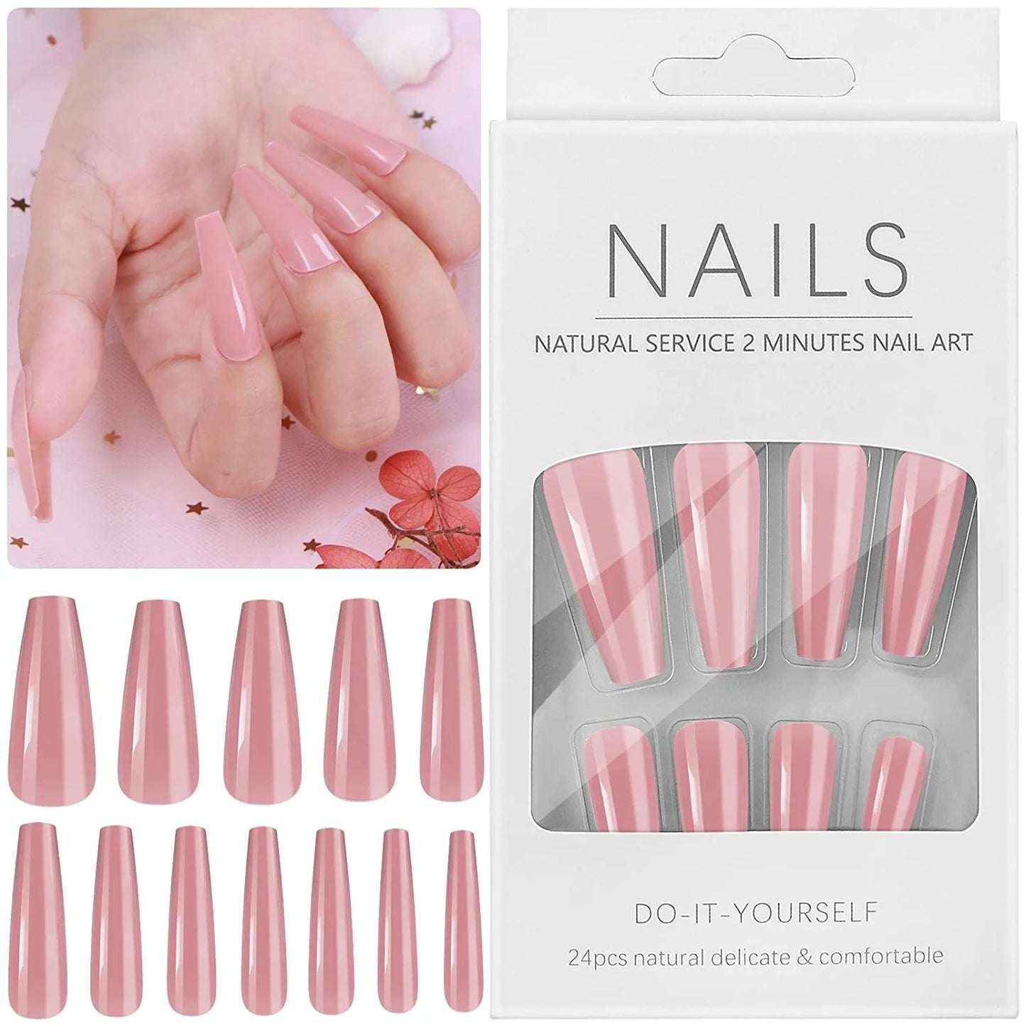 24pcs Sakura Pink Coffin Press on Nails - Cooserry