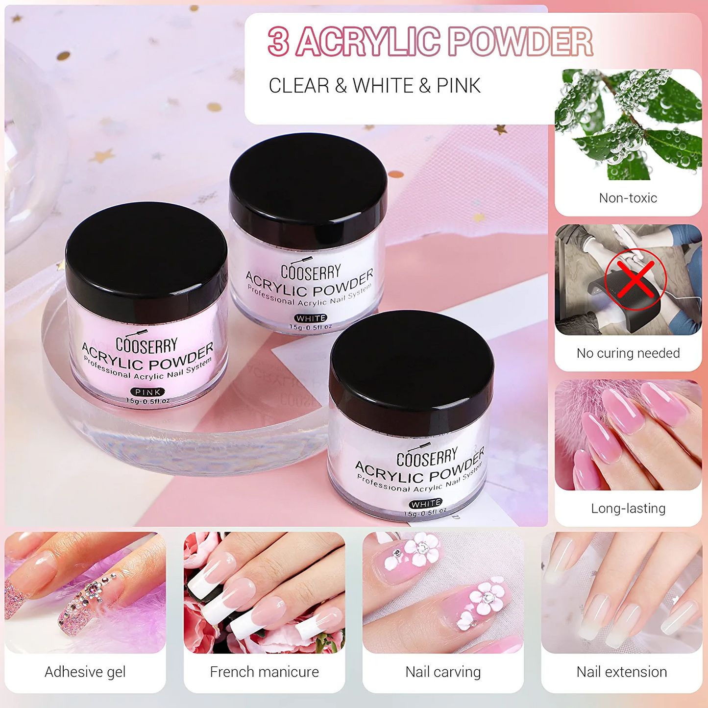 3 Colors Acrylic Powder and Monomer Liquid Set with Glitter