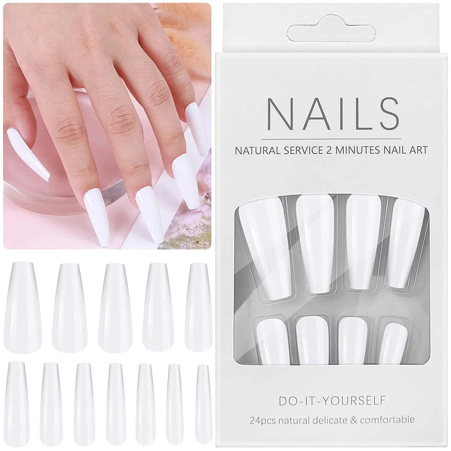 24pcs White Coffin Press on Nails - Cooserry