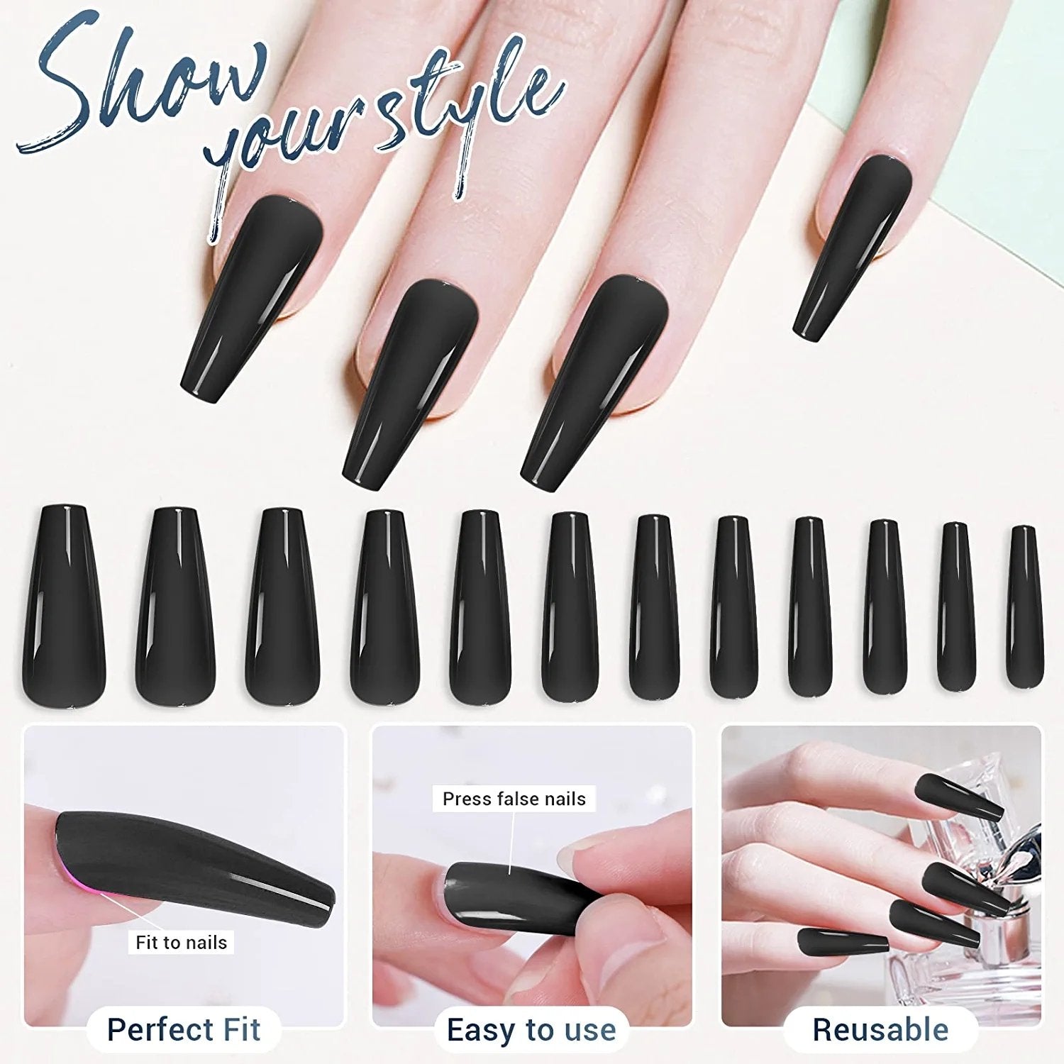 24pcs Black Coffin Press on Nails - Cooserry